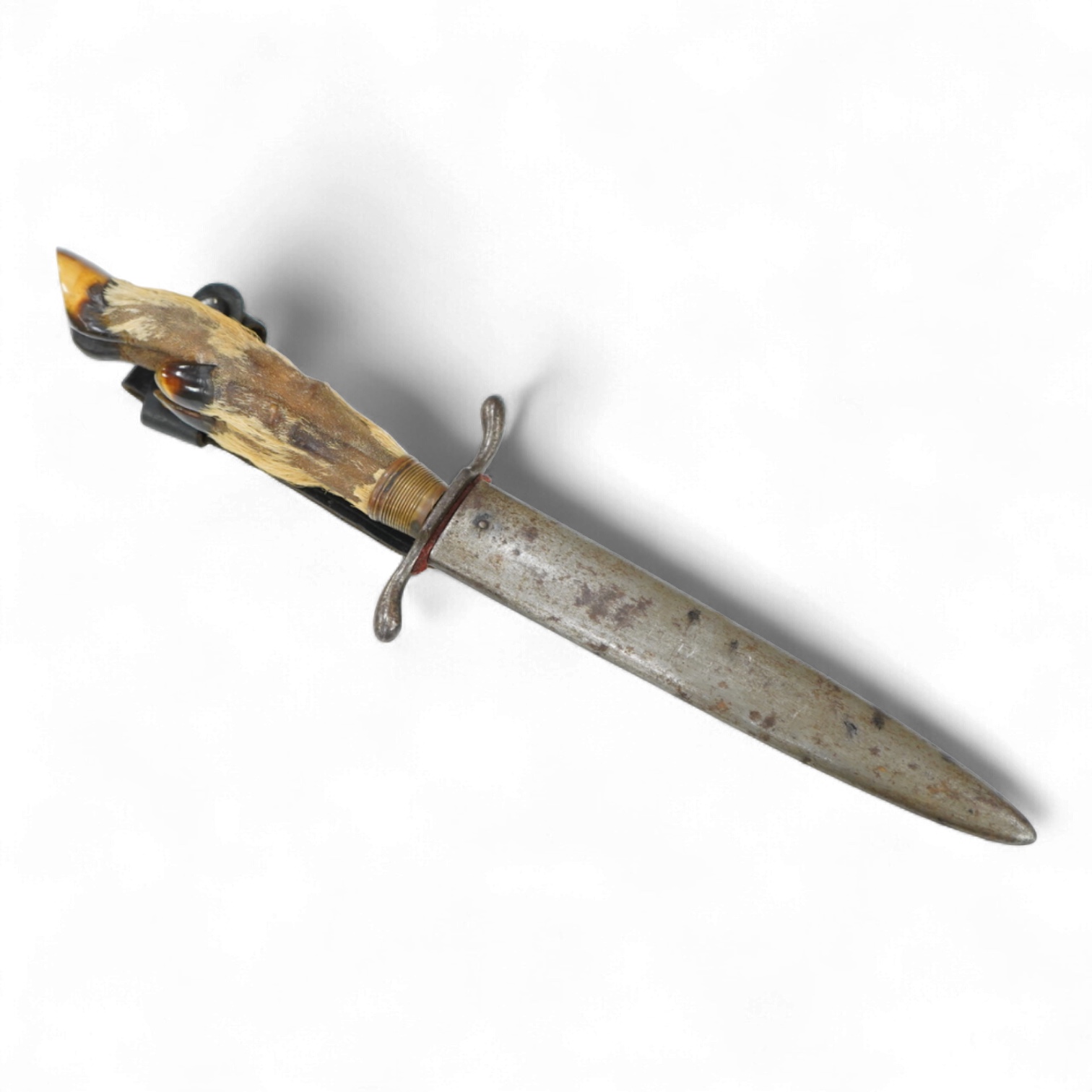 A First World War German Deer Hoof Fighting Knife, with a deer’s hoof grip, brass ferrell and steel cross guard, in original steel scabbard with leather belt loop mount, single edged blade with makers mark to one side; M